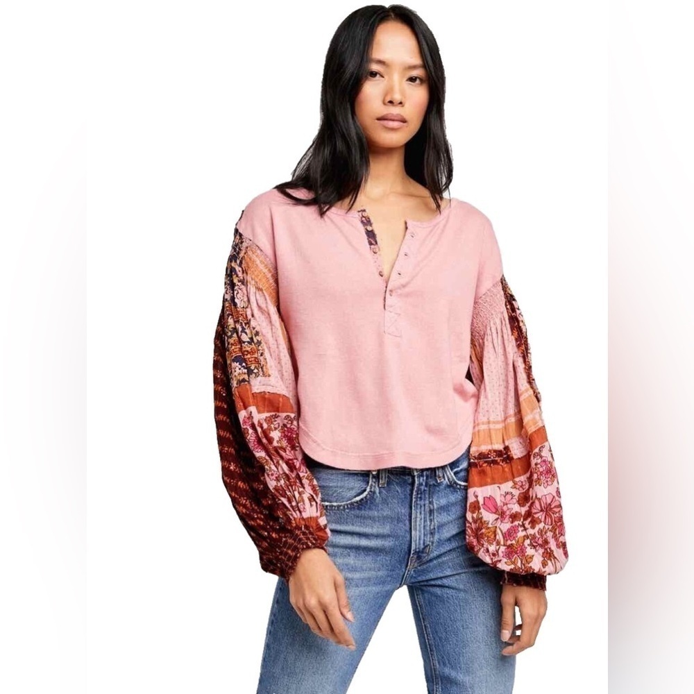 Free People - Light Magic Boho Pink Vintage Button  Henley Blouse Size Medium